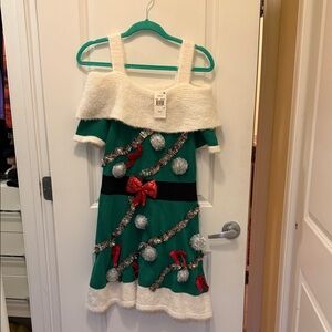 New with Tags!! Ugly Christmas Dress/Festive Green and White Off-Shoulder Dress